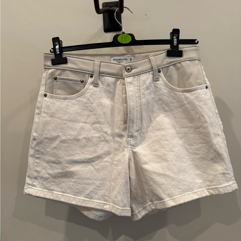 COPY - Abercrombie & Fitch Denim Shorts, Dad Short High Rise (White/Tan, 12)